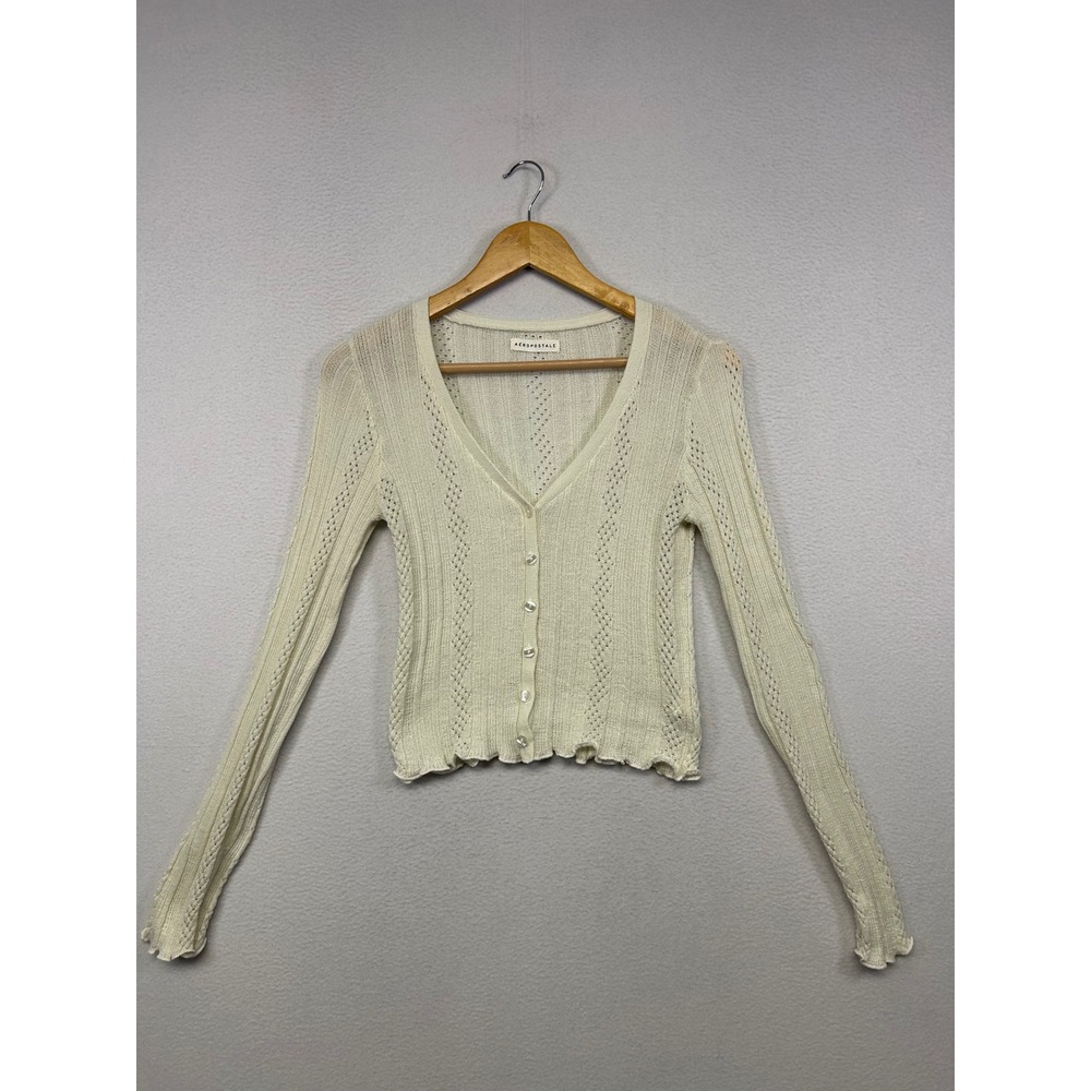 Coquette Cottagecore Aeropostale Women Medium Cream Pointelle Lettuce Cardigan
